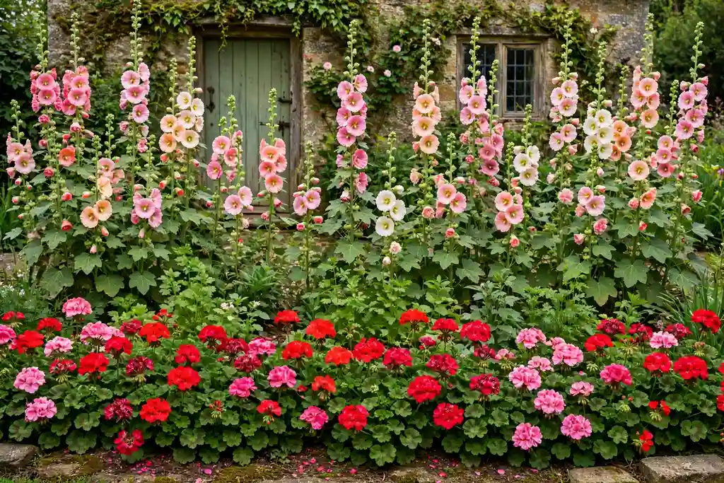 Layered cottage flower border with tall hollyhocks at the back and low geraniums at the front.