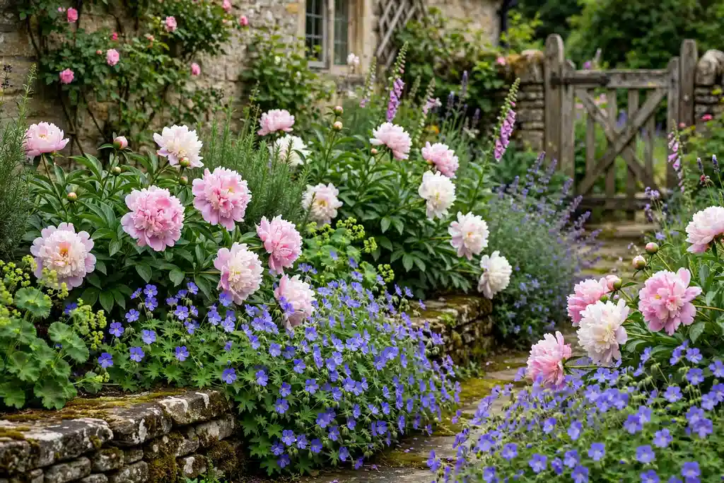 Peonies and hardy geraniums in drifts in a cottage garden border.