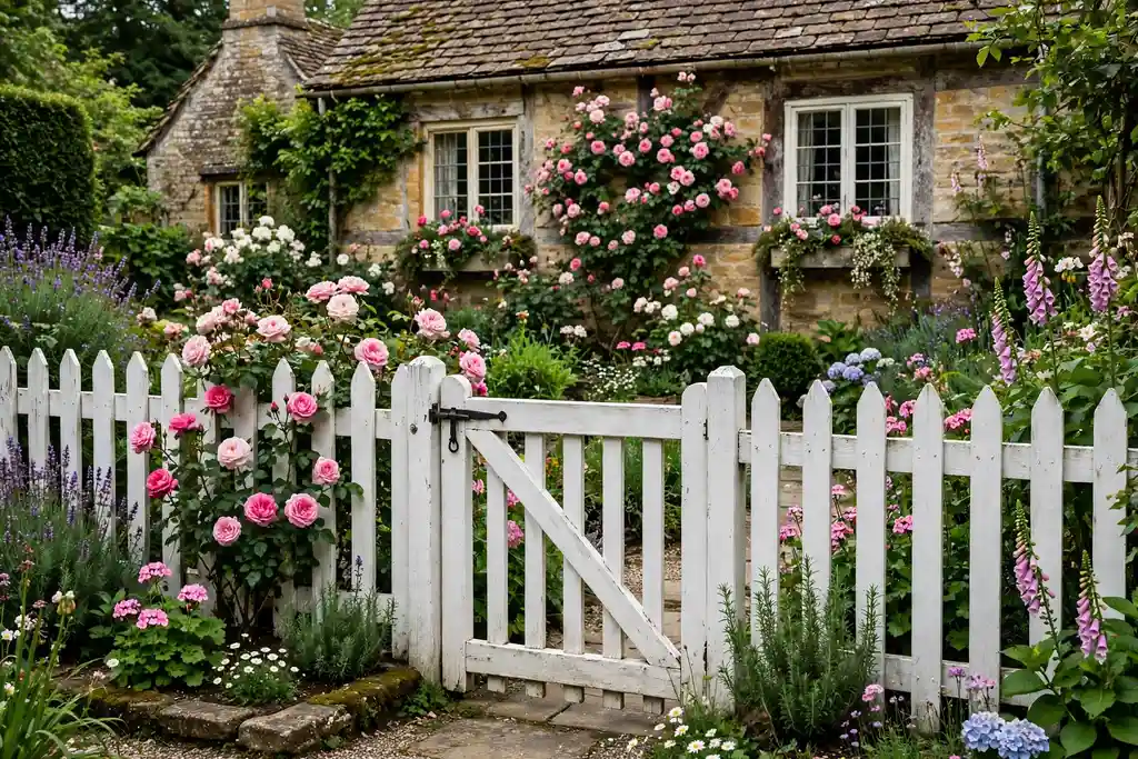 White picket fence and gate in front of a cottage garden with roses.