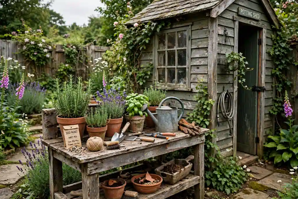 Rustic wooden potting bench with pots and tools by a cottage garden shed.