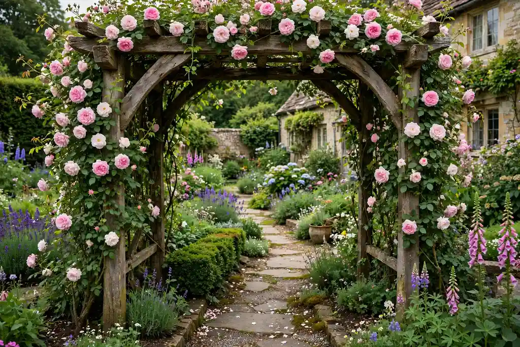 Climbing roses growing over a wooden arch above a garden path.