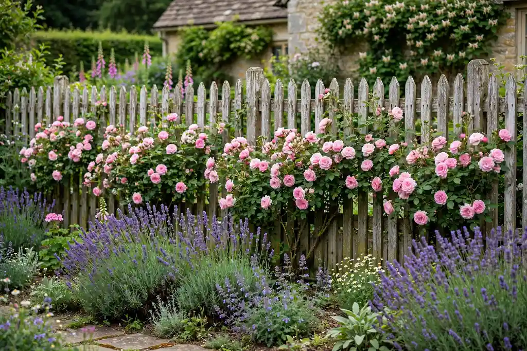 Shrub rose border along a garden fence with lavender in front.