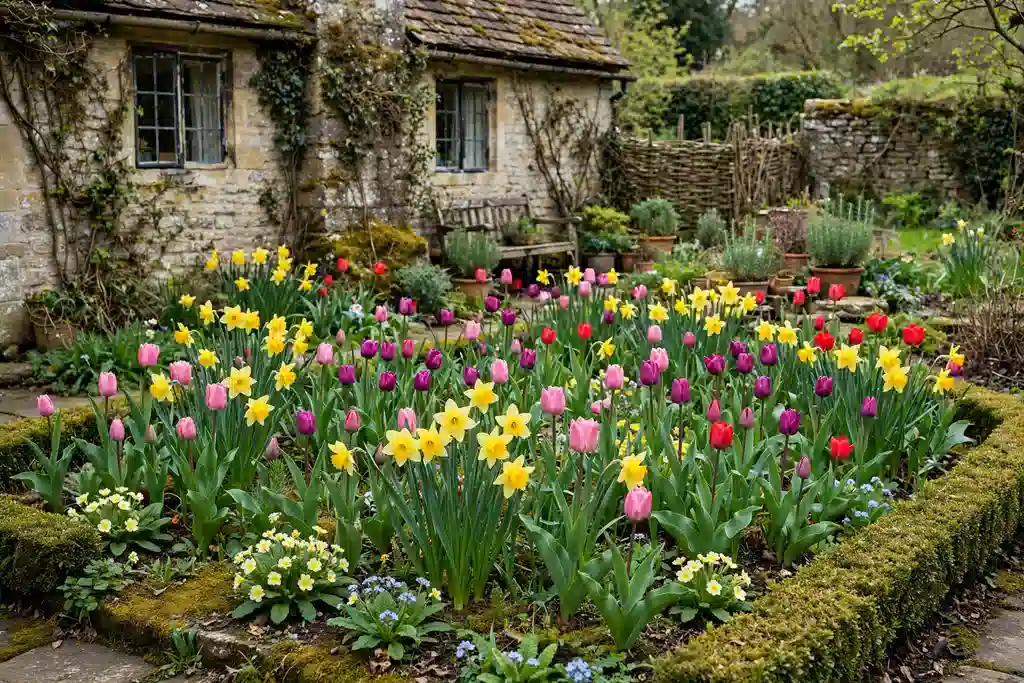 Spring bulbs in drifts of tulips and daffodils in a cottage garden bed.