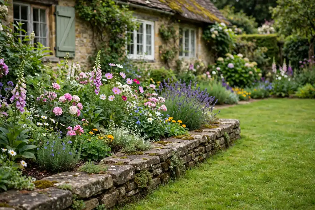 Stone edging along a cottage flower bed beside a lawn.