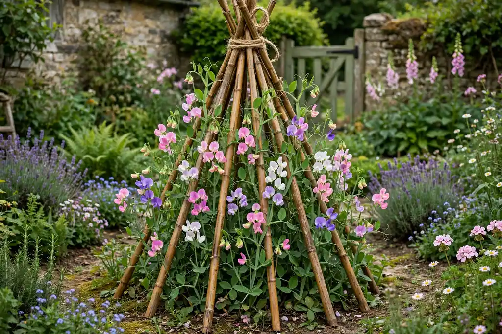 Sweet peas climbing a cane wigwam in a cottage garden border.