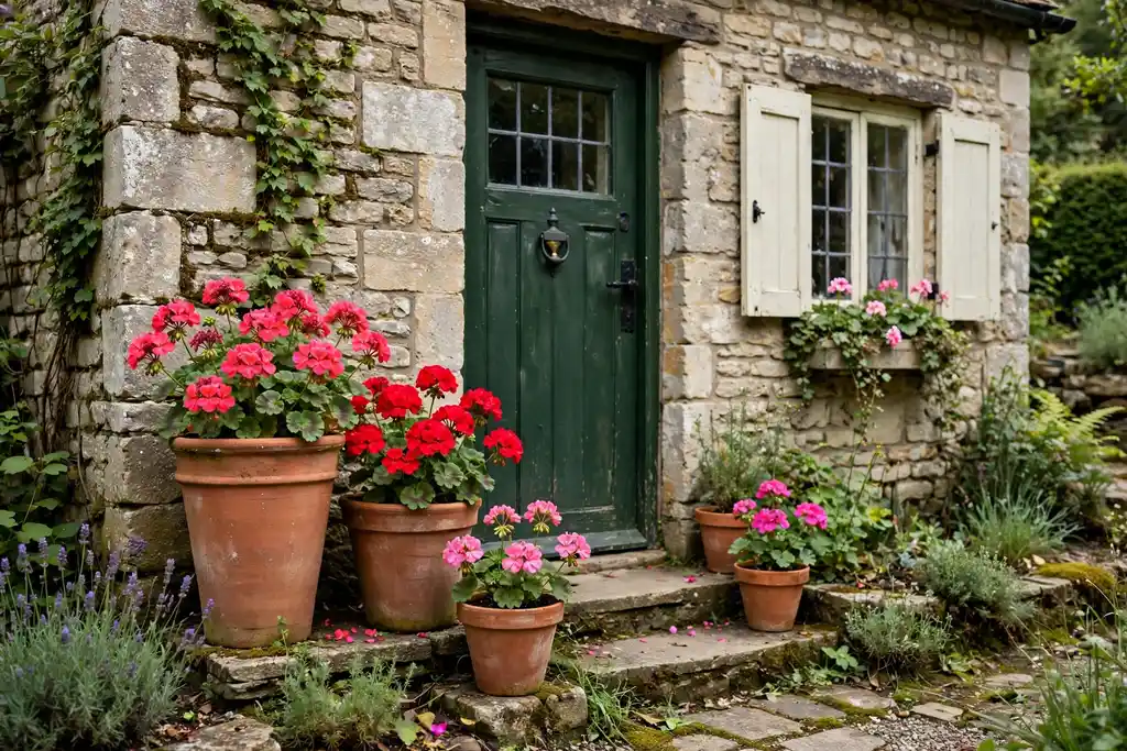 Terracotta pots of different heights with geraniums by a cottage door.