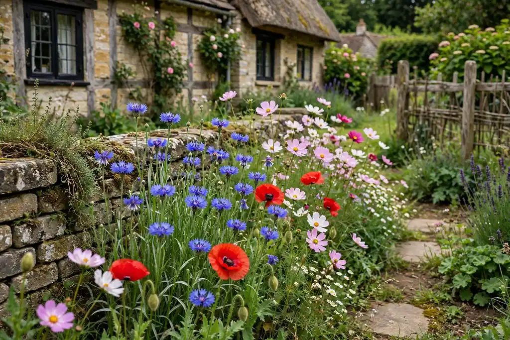 Wildflower strip with cornflowers, poppies, and cosmos in a cottage garden.