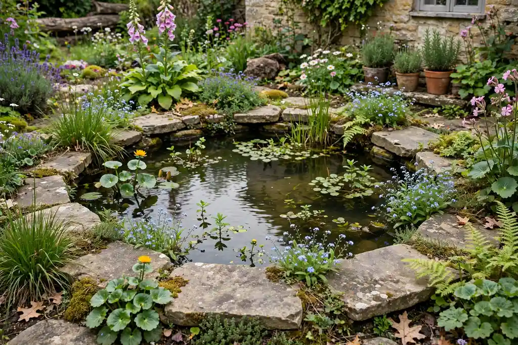 Small wildlife pond with water plants and a flat stone edge in a cottage garden.