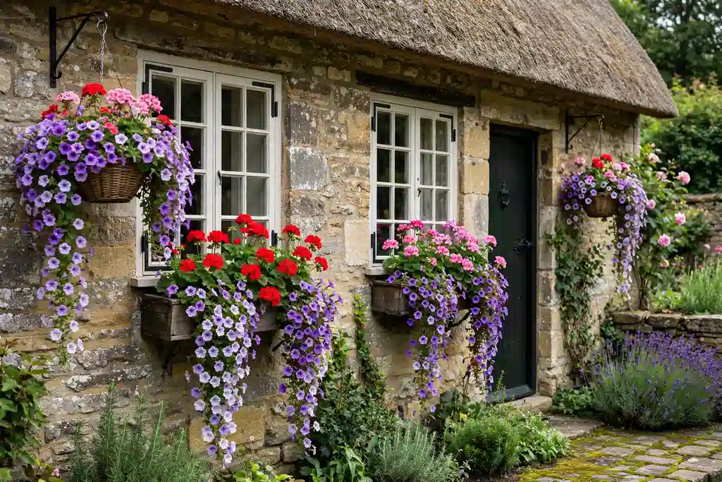 Window boxes and hanging baskets with geraniums and trailing petunias on a cottage.