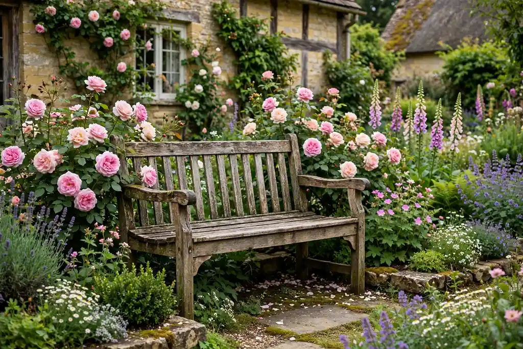 Wooden bench in a cottage garden border surrounded by roses.