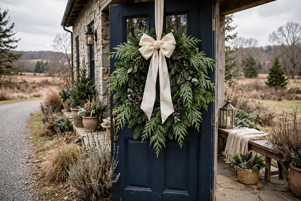 Mixed fir and cedar Christmas wreath with feathery cedar sprays and a cream bow on a front door.