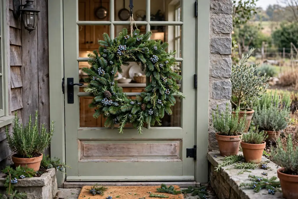 Fir Christmas wreath with juniper berries and short rosemary sprigs on a kitchen door.