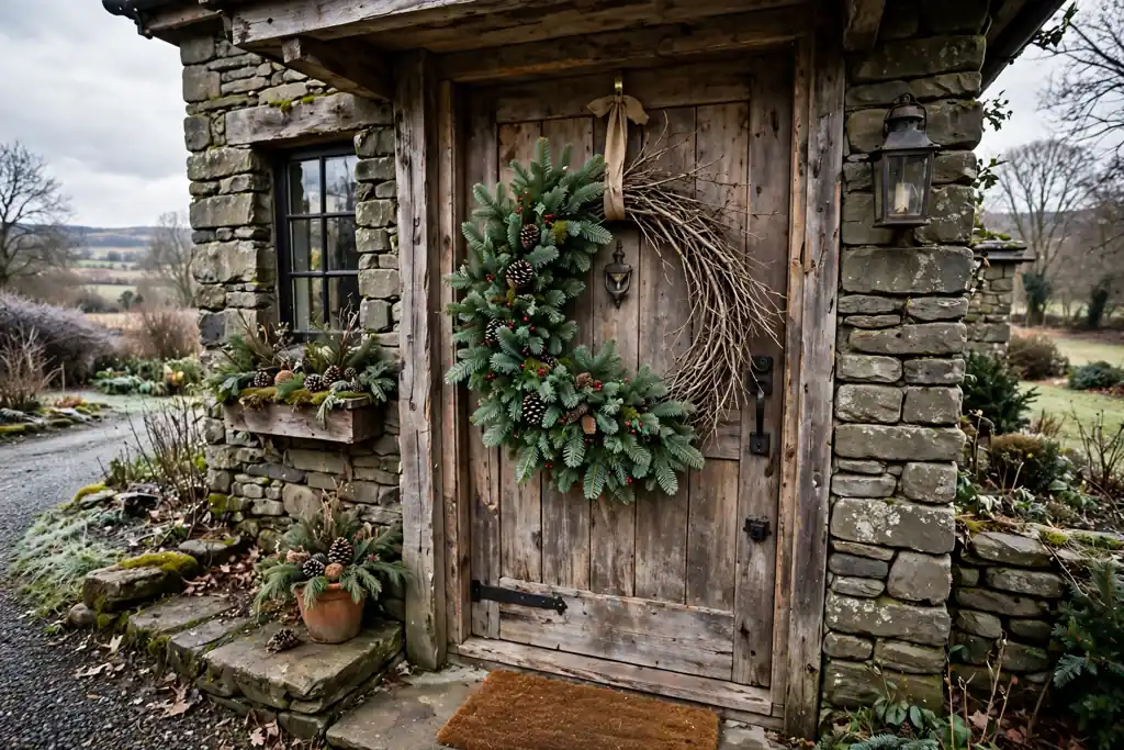Twig ring Christmas wreath with fir sprigs covering two thirds of the circle and bare twigs visible on the rest.