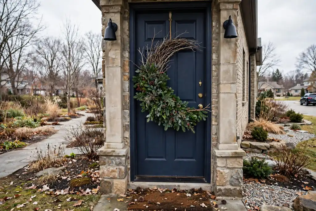 Asymmetric crescent Christmas wreath with dense fir on the lower side and a bare ring on the upper side.
