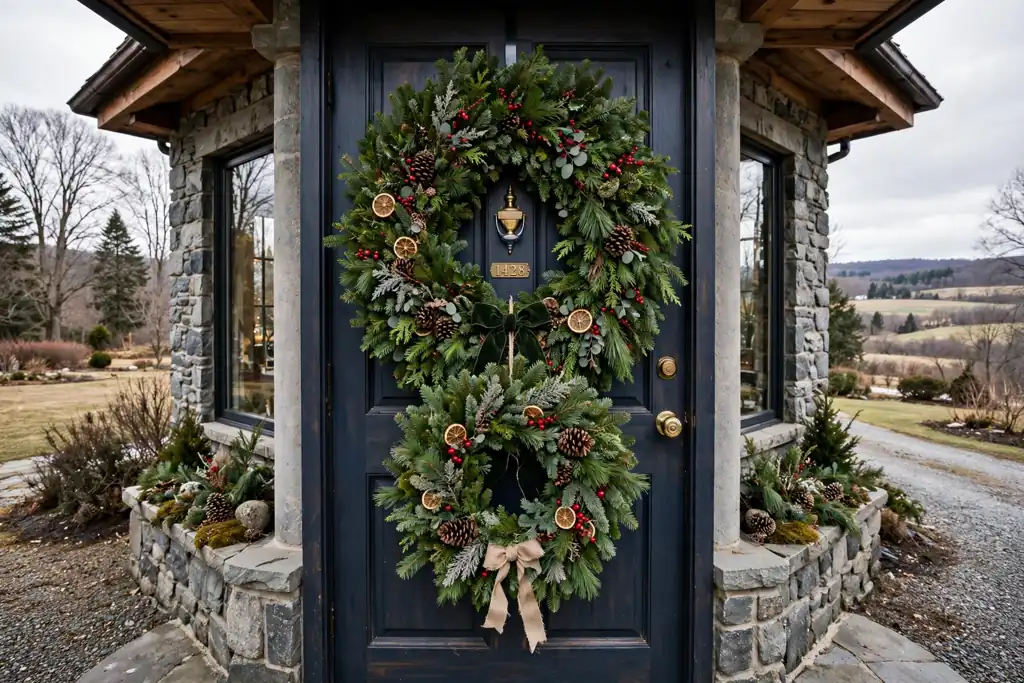 Two layered evergreen Christmas wreaths, a smaller wreath in front of a larger one, on a wide front door.
