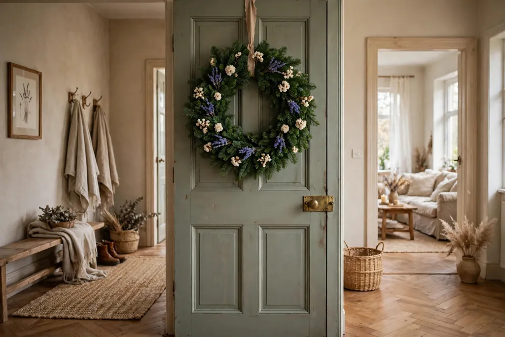 Fir Christmas wreath with small dried lavender and cream flowers spaced around the ring on an indoor door.