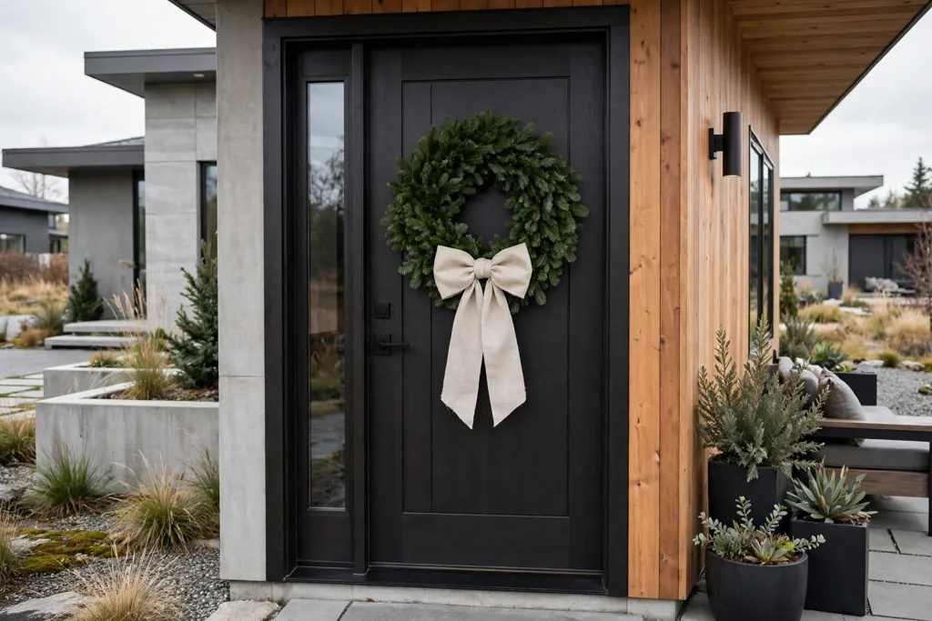 Plain full fir Christmas wreath with only a wide linen bow on a modern front door.