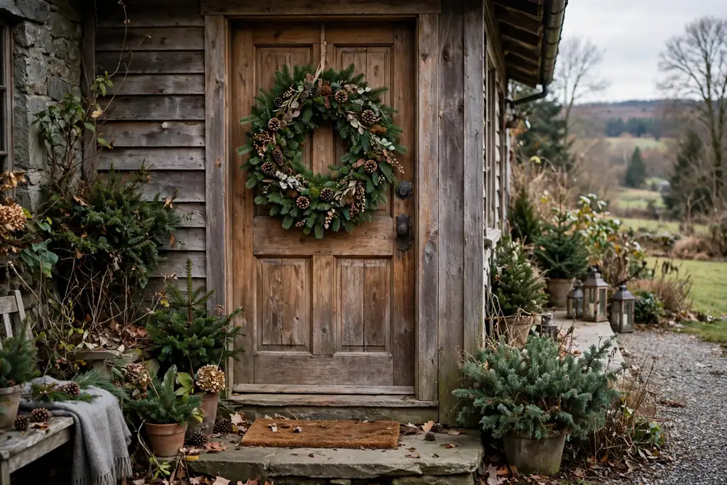 Fir Christmas wreath with small and medium pinecones spaced around the ring on a wooden front door.