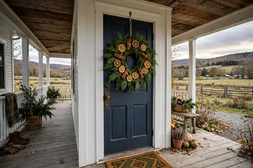 Cedar Christmas wreath with flat dried orange slices and cinnamon sticks on a covered porch door.