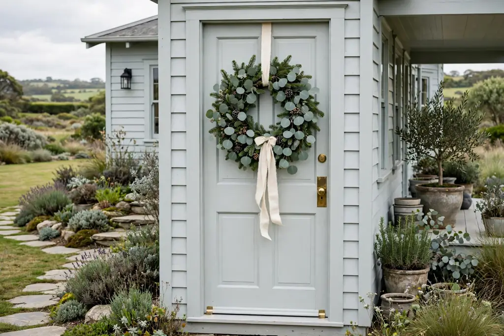 Fir Christmas wreath dotted with round silvery green eucalyptus leaves and a cream ribbon on a light painted door.