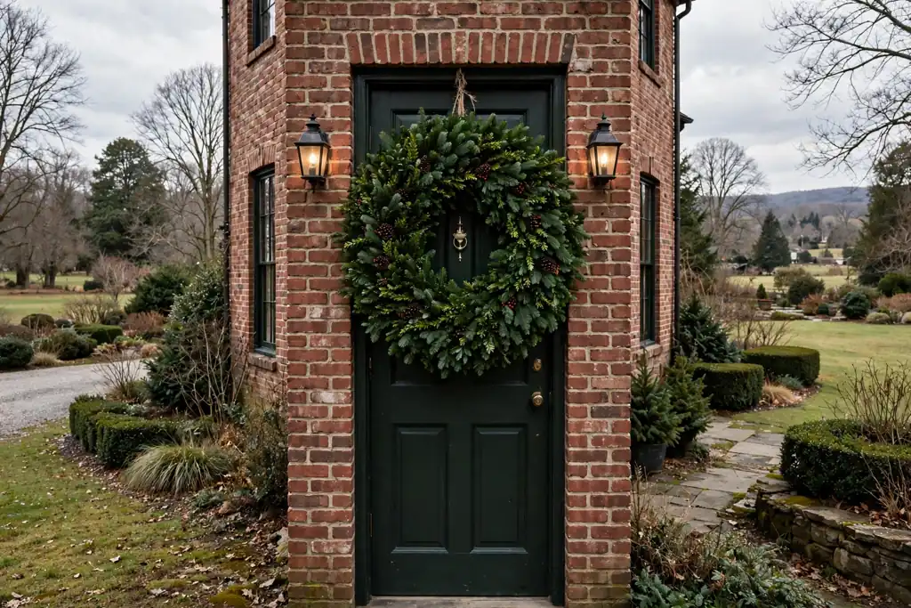 Dense boxwood and fir Christmas wreath with a neat round outline on a brick house front door.