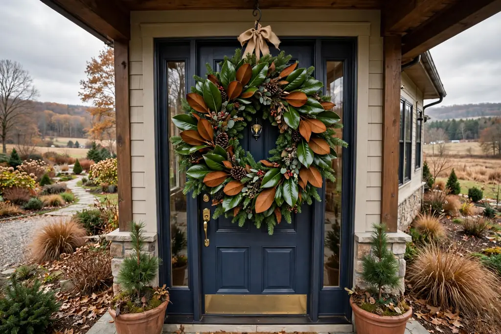 Fir Christmas wreath with broad glossy magnolia leaves showing green tops and warm brown undersides on a front door.