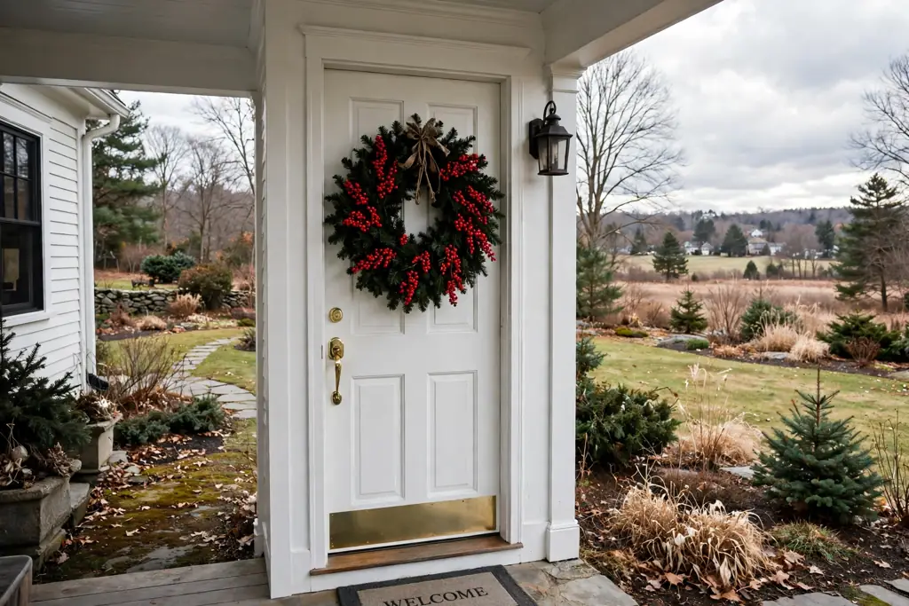 Dark fir Christmas wreath with clusters of bright red winterberries on a white front door.