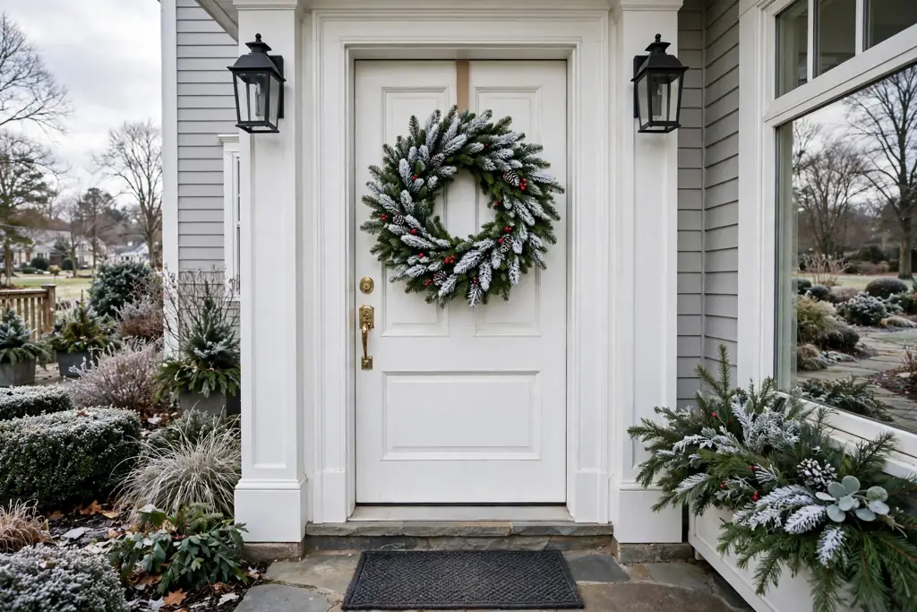 Fir Christmas wreath lightly dusted with artificial snow on the outer tips on a white trimmed front door.