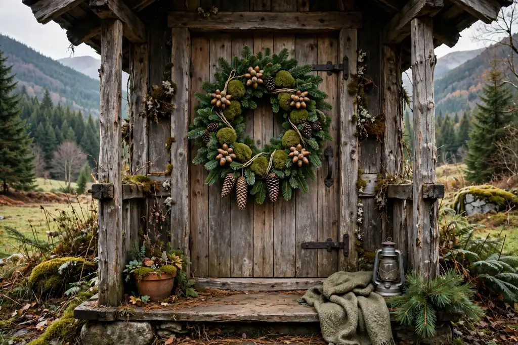 Fir Christmas wreath with moss pads, acorn clusters, and pinecones on a timber porch door.