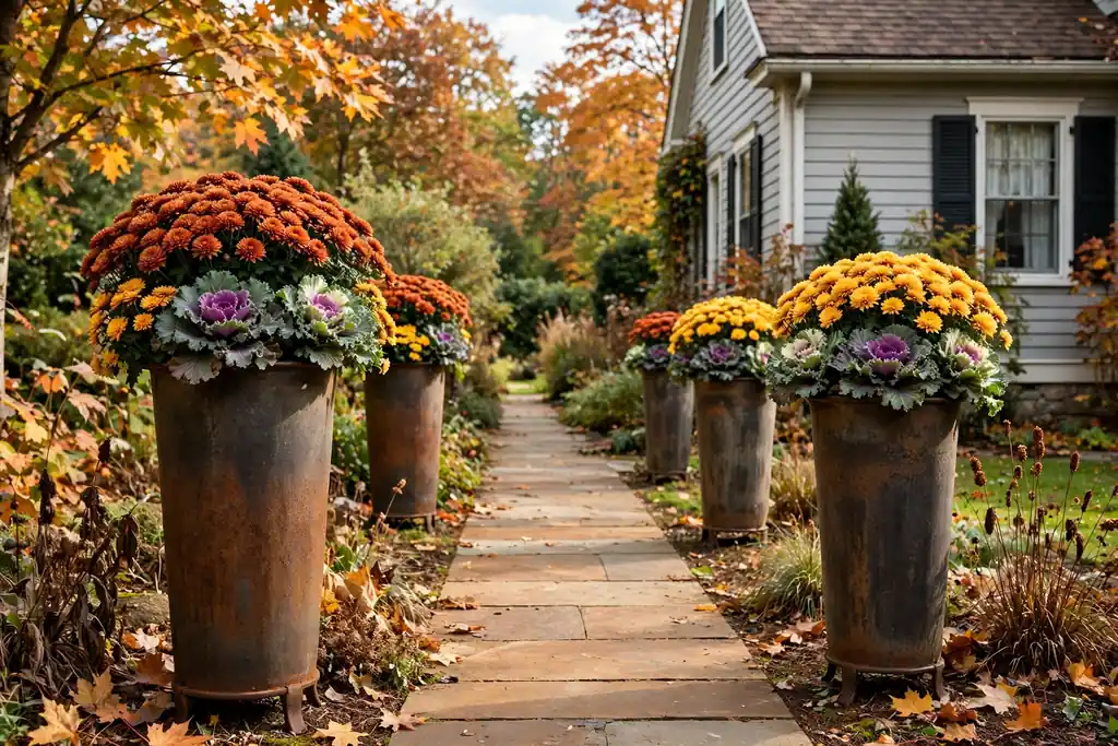 Walkway planters with fall mums and ornamental kale beside a path.