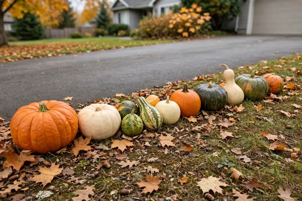 Pumpkins and gourds lining the edge of a driveway.