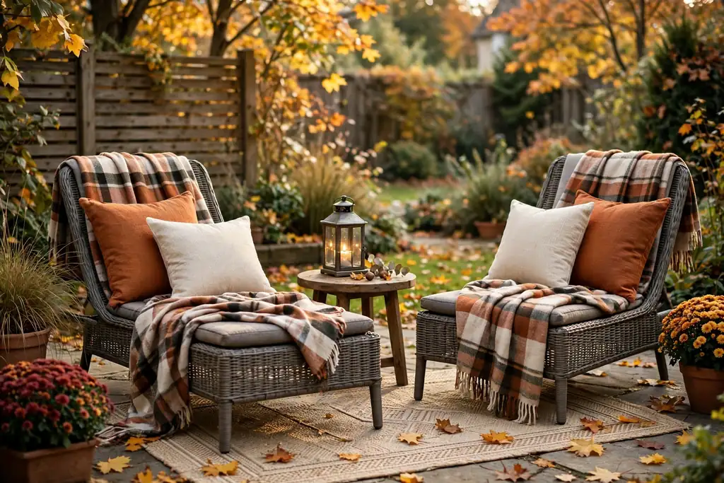 Back patio lounge chairs with plaid throws and fall pillows.