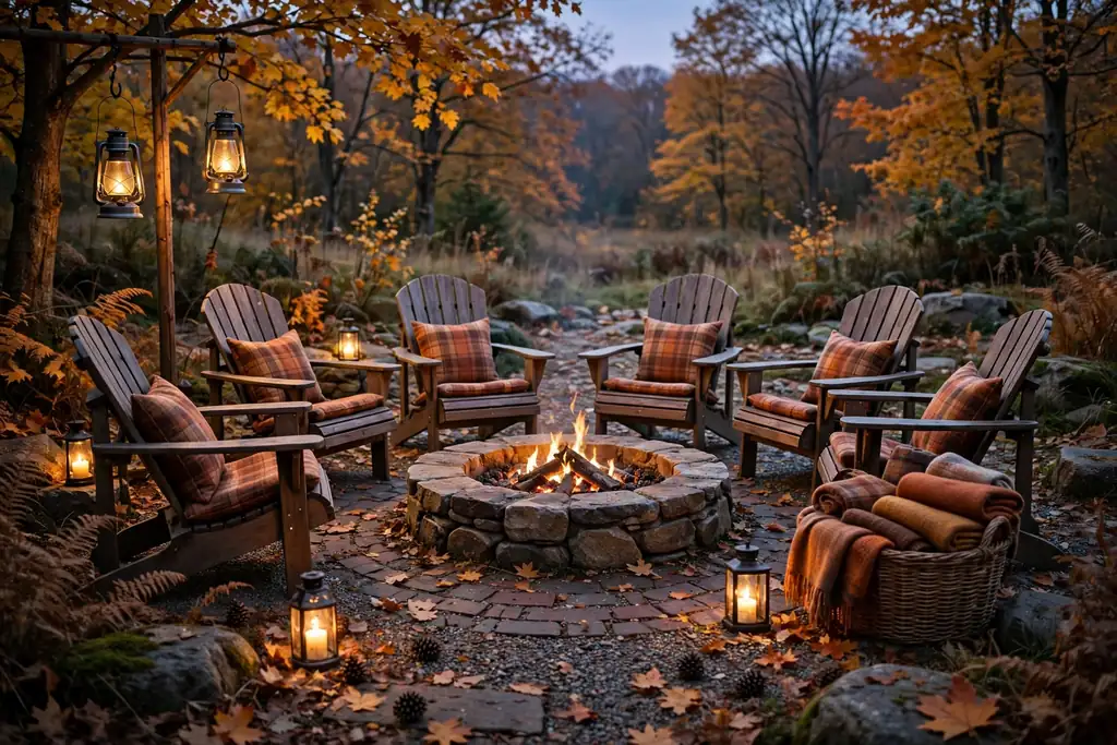 Fire pit corner with fall cushions and glowing lanterns.