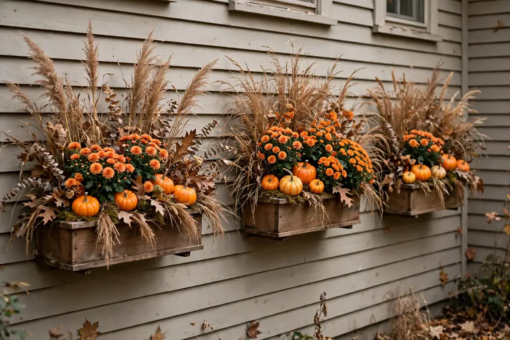 Fall window boxes with grasses, mums, and mini pumpkins.