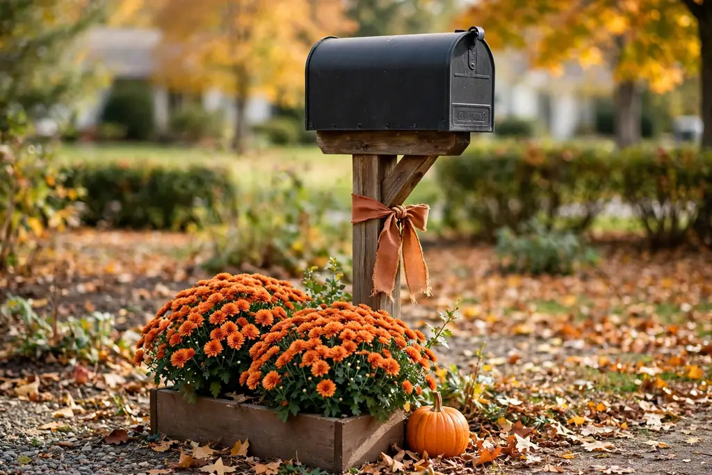 Mailbox dressed for fall with a mum planter and ribbon.