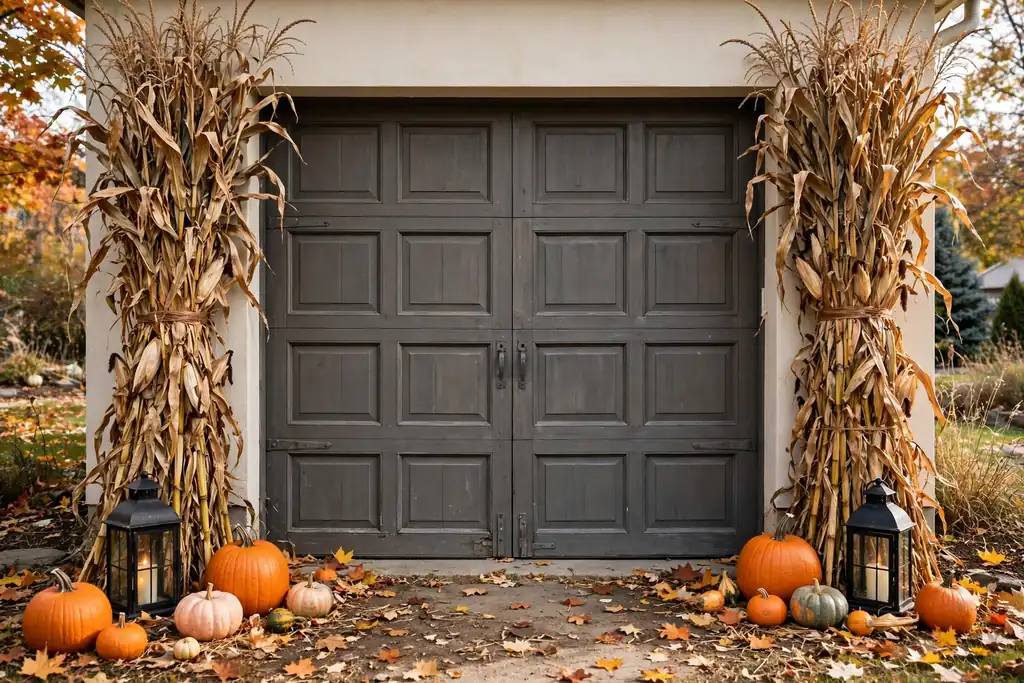 Garage sides framed by cornstalks, lanterns, and pumpkins.