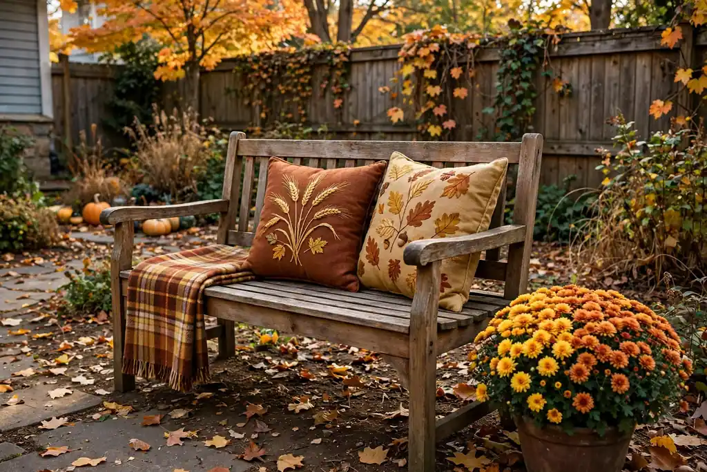 Side yard bench nook with harvest pillows and a mum planter.