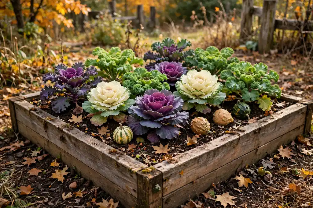 Raised bed styled for fall with ornamental cabbage and gourds.