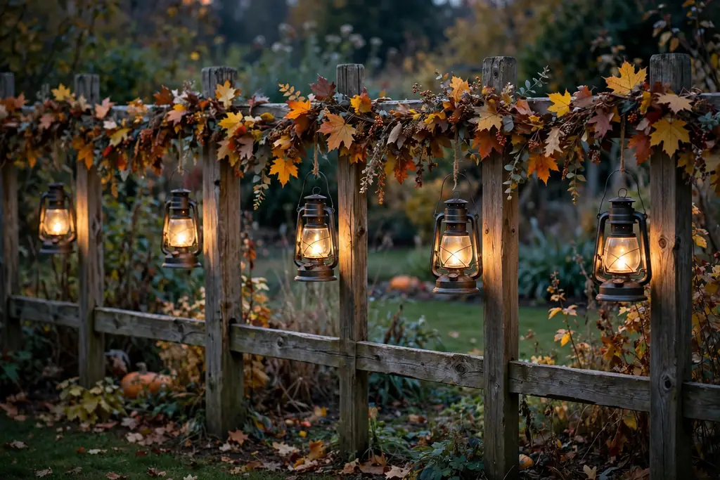 Fence line with hanging lanterns and fall leaf garland.
