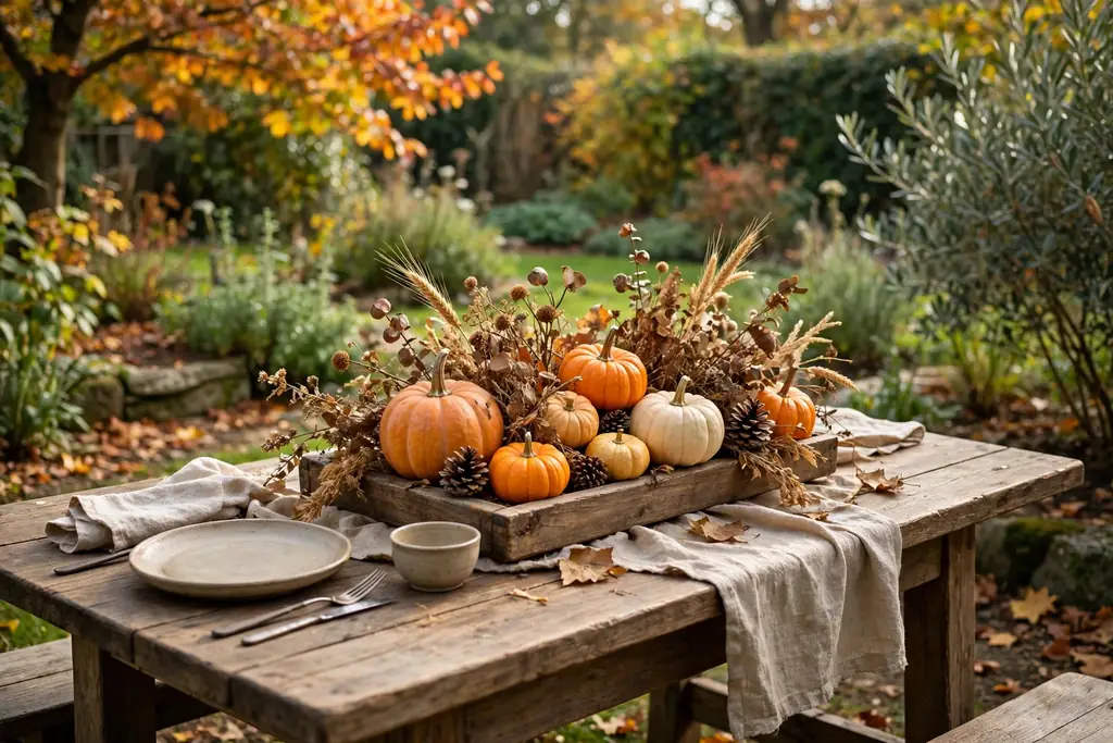 Outdoor dining table with a fall harvest centerpiece.