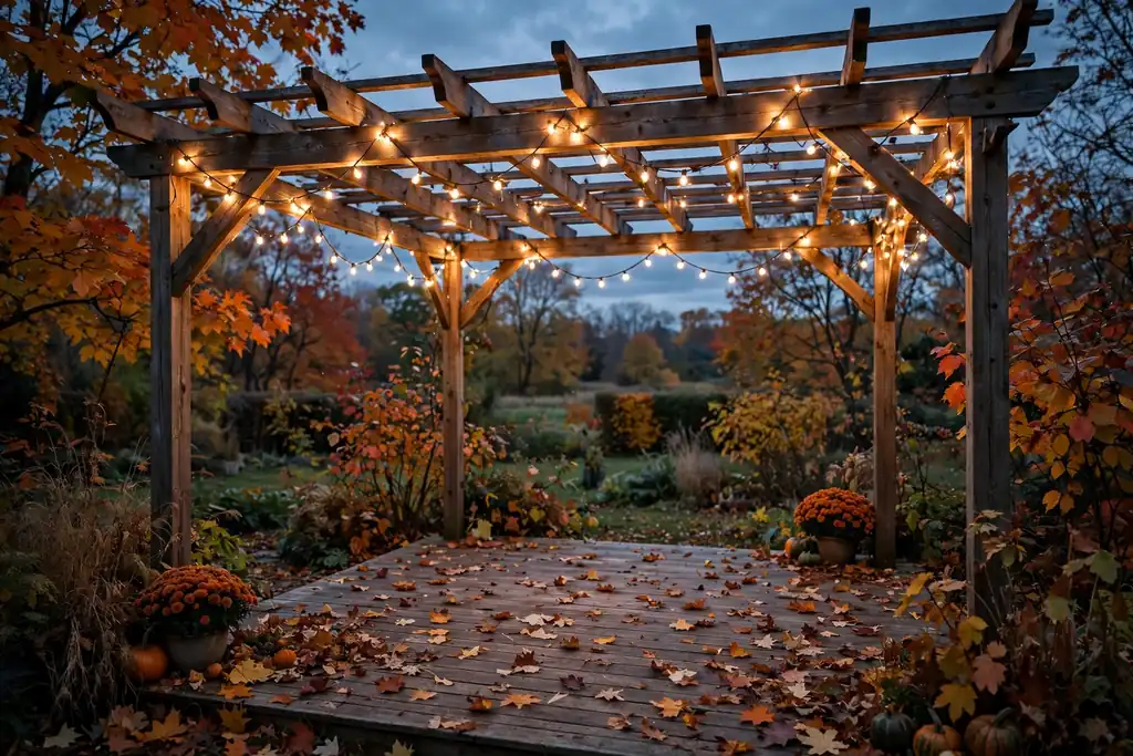 Deck pergola with warm string lights for fall evenings.