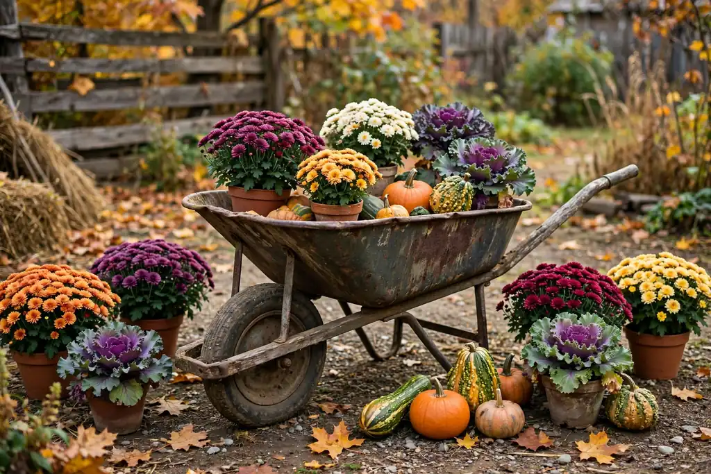Wheelbarrow planter filled with fall mums and pumpkins.