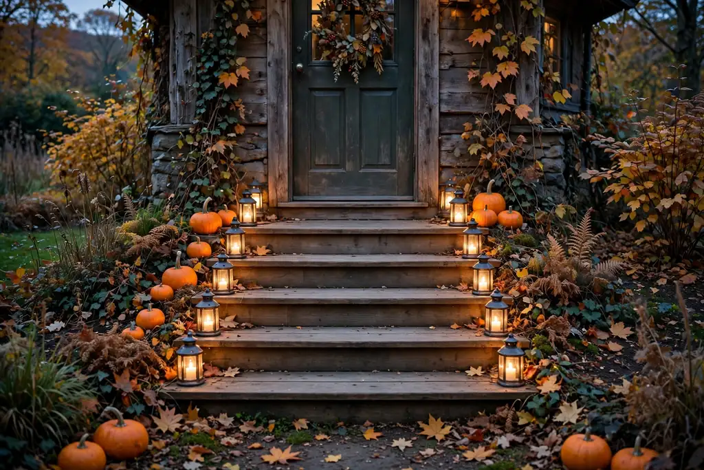 Back steps lined with lanterns and small pumpkins.