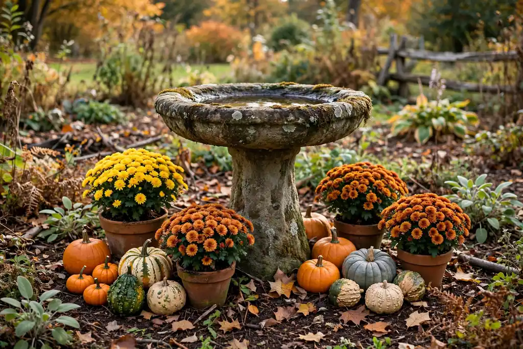 Birdbath surrounded by pumpkins and potted mums.