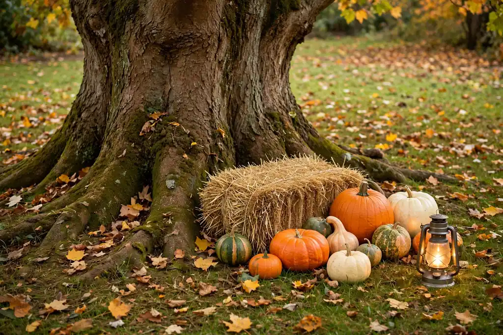 Yard tree base display with hay, pumpkins, and a lantern.