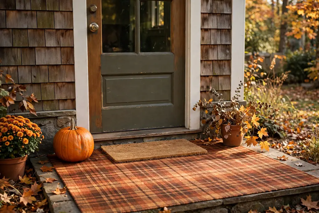 Layered fall rugs at a back door entry.