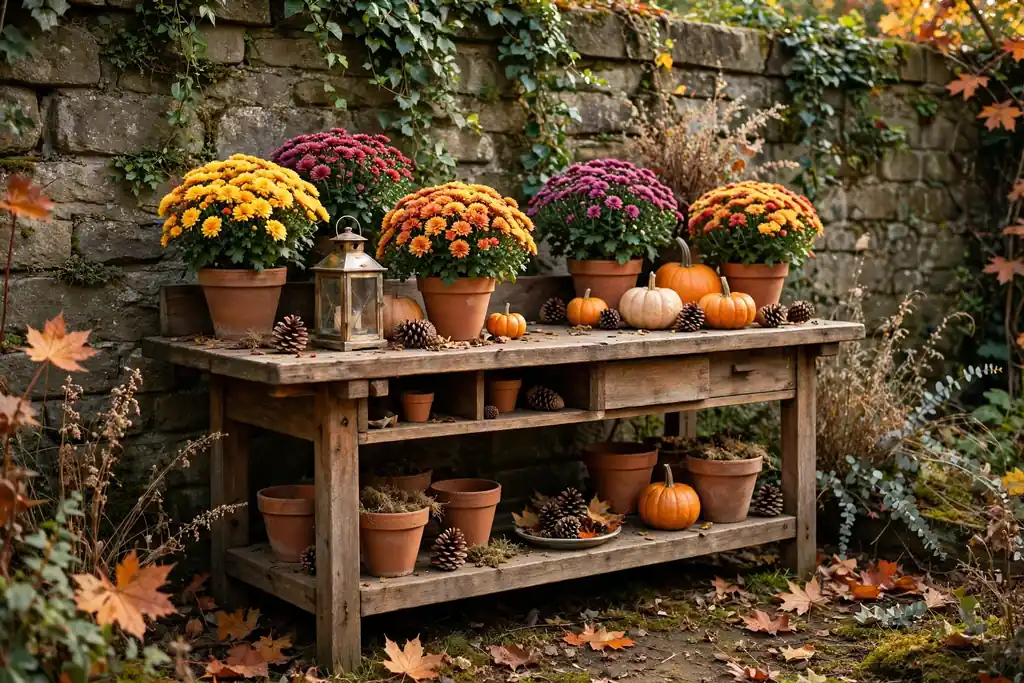 Potting bench styled as a fall display station.