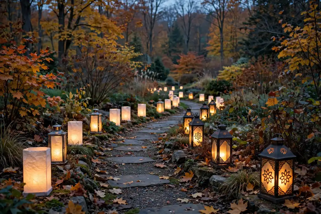 Garden path lined with fall luminaries at dusk.