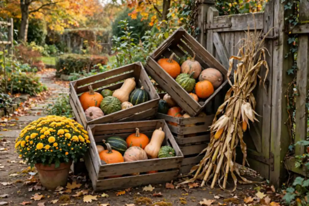 Harvest crates stacked by a side gate with pumpkins.