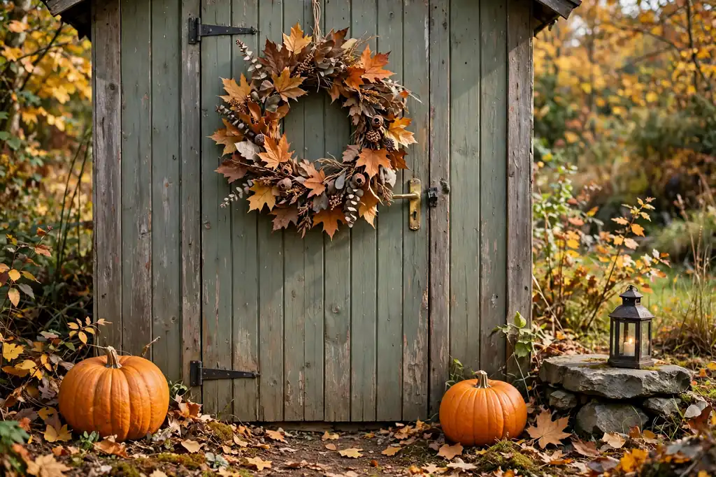 Garden shed door framed with a fall wreath and pumpkins.
